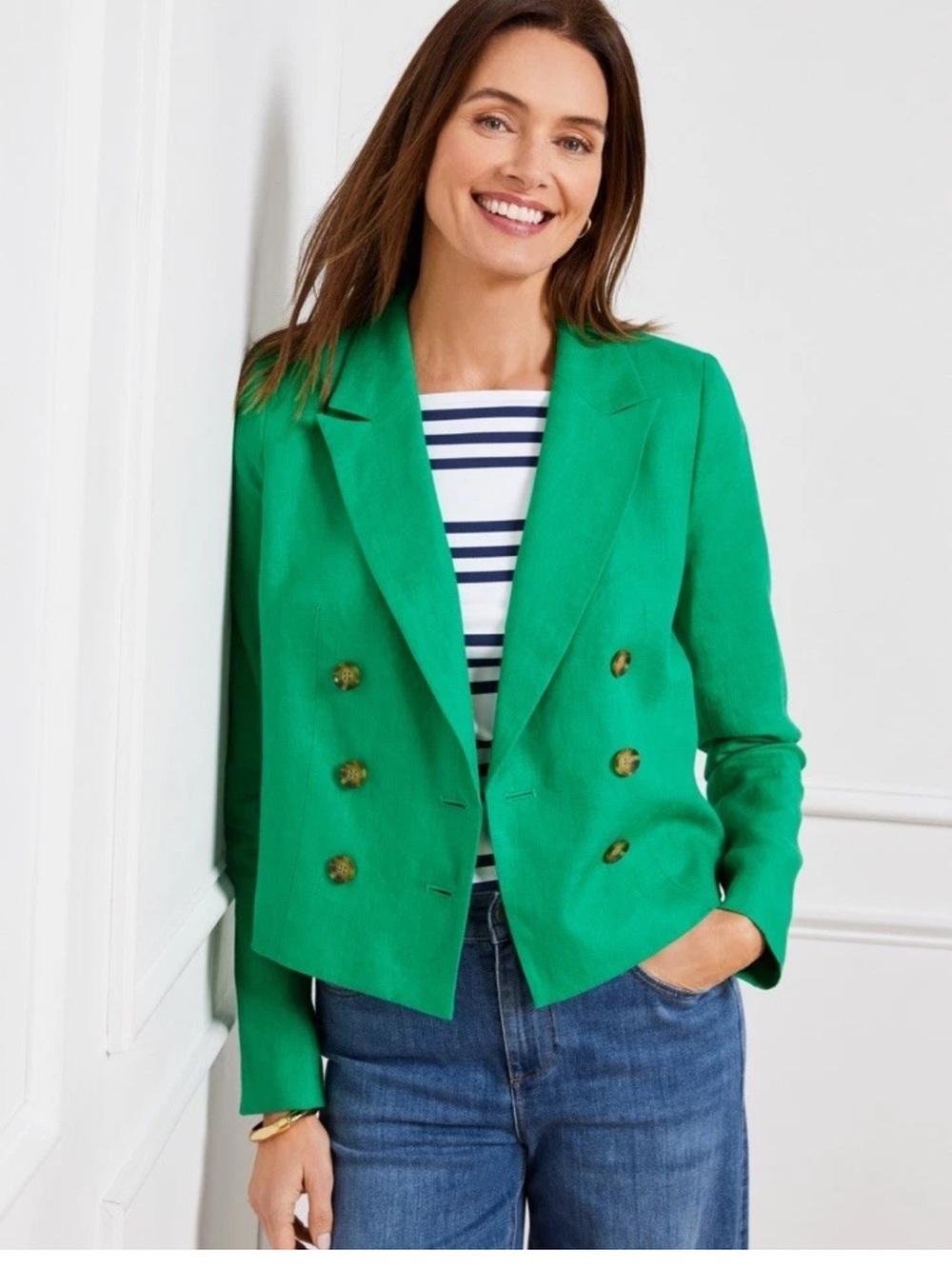 Talbots 100% Linen Cropped Double-Breasted Blazer Kelly Green Size 16